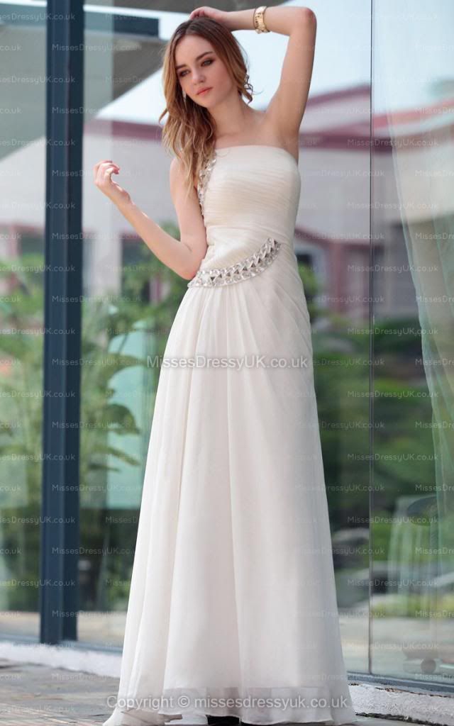 A-line Strapless Chiffon Floor-length White Rhinestone Evening Dress (c) tiger1631 white prom dresses 2013